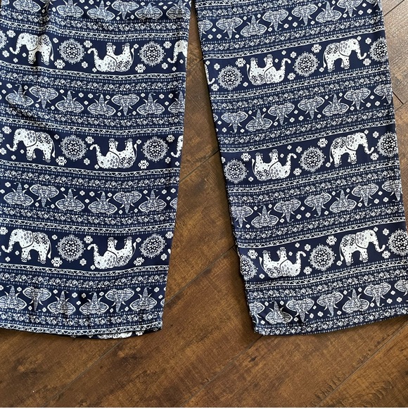 A’GACI Women’s Large Navy & White Ethnic Elephants Wide Leg Boho Hippie Pants - Picture 2 of 11